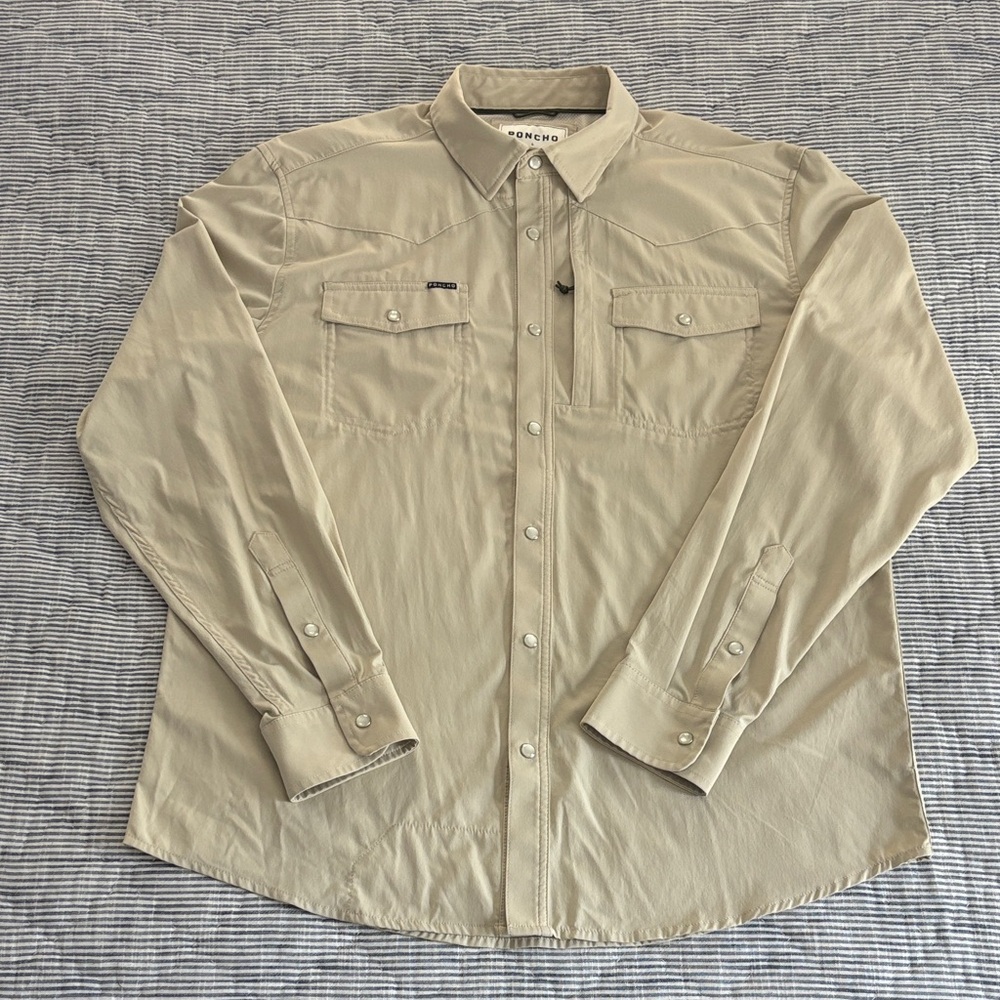 Poncho Western Pearl Snap Shirt “the big bend” tan color size large slim fit